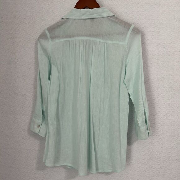 Vintage America Blouse Women S Mint Green Crinkle Pleat Lace Roll Tab Button Up - Picture 12 of 12